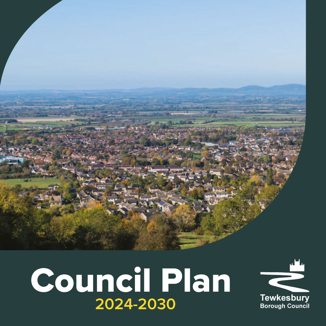 Council Plan 2024-2030. Tewkesbury Borough Council logo. Jack Boskett Ltd – View from Cleeve Hill overlooking Bishop’s Cleeve