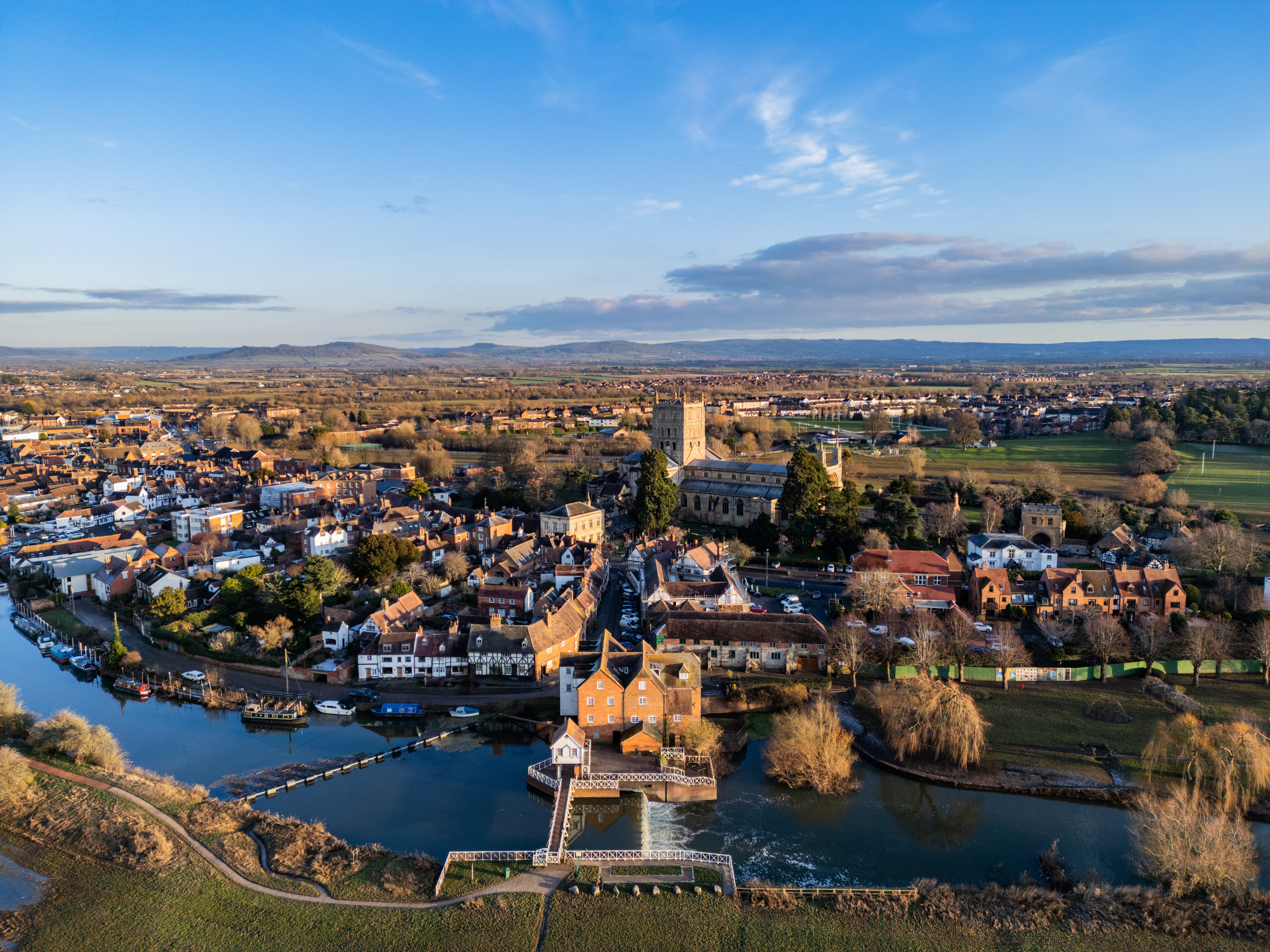 drone shot over Tewkesbury