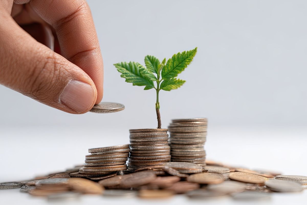 Image of a small pile of coins on a white surface, with a small green leaf sprounting out, and a hand adding another coin to the money pile.