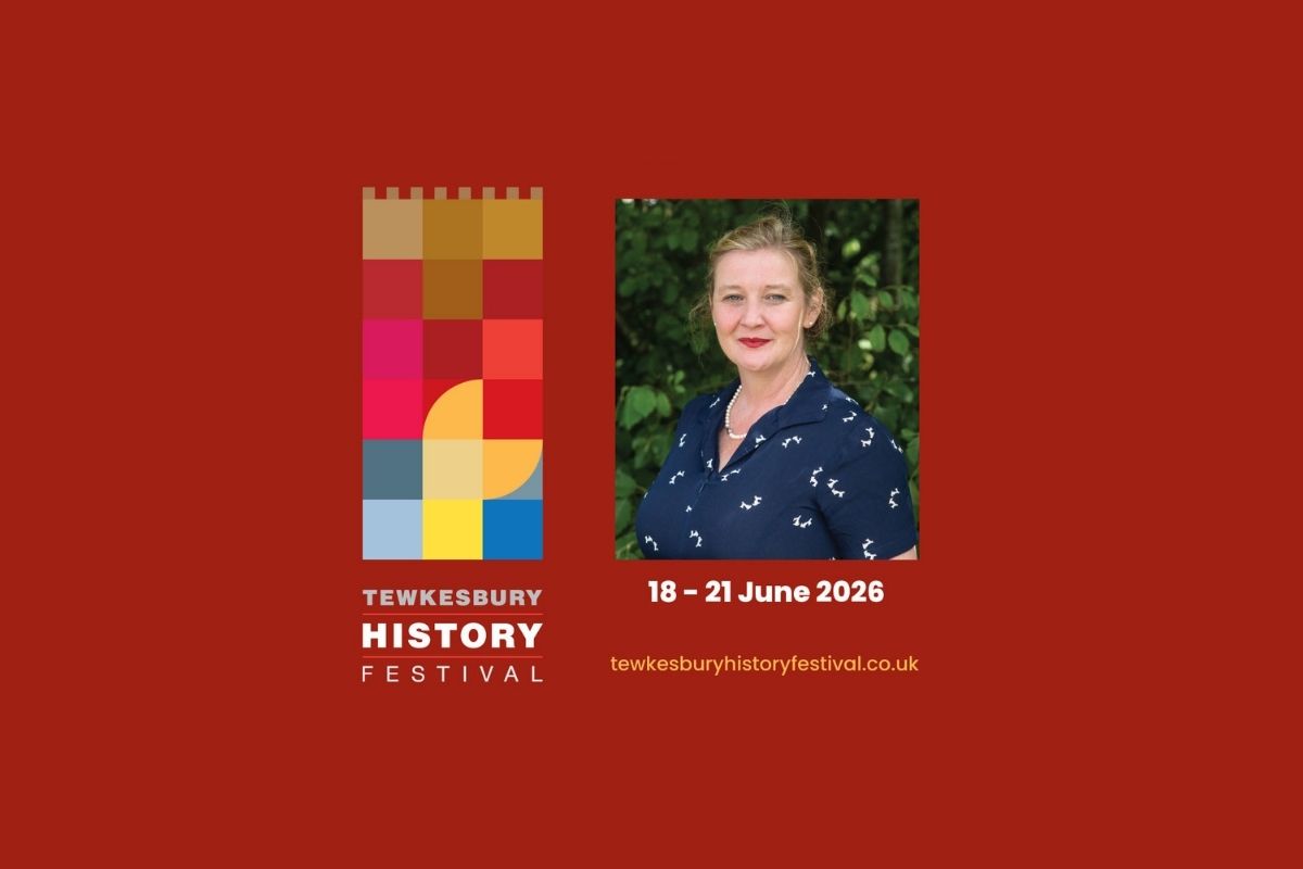 Graphic with deep red background and the history festival logo, with a photo of one of the visiting authors.